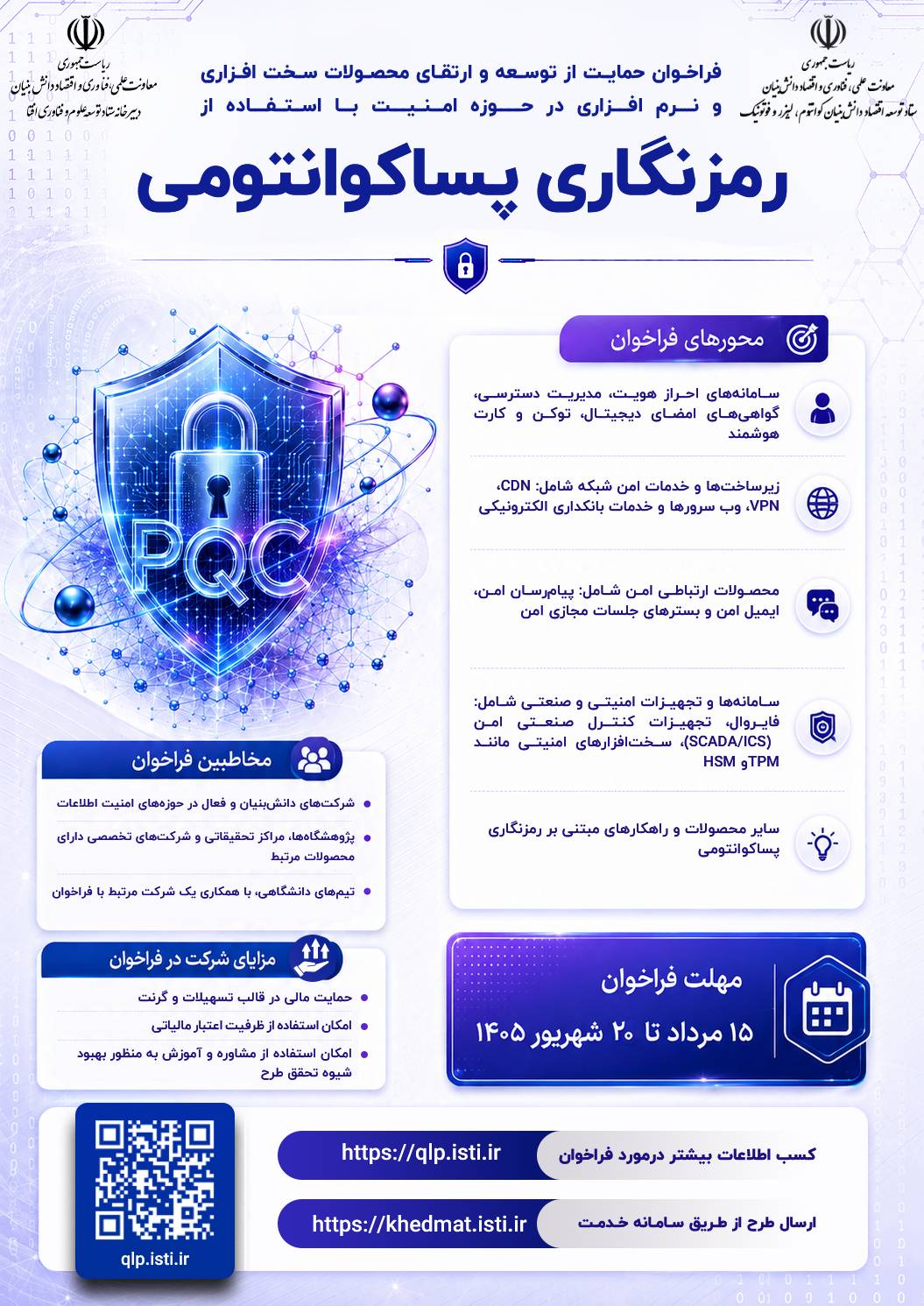 فراخوان ساخت و ارتقا محصولات امن در حوزه فناوری اطلاعات توسط رمزنگاریهای پساکوانتومی فراخوان ساخت و ارتقا محصولات امن در حوزه فناوری اطلاعات توسط رمزنگاریهای پساکوانتومی