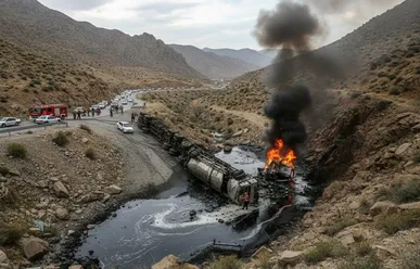 واژگونی تانکر گازوئیل در گردنه فاقان شازند / راننده بر اثر سوختگی شدید جان باخت