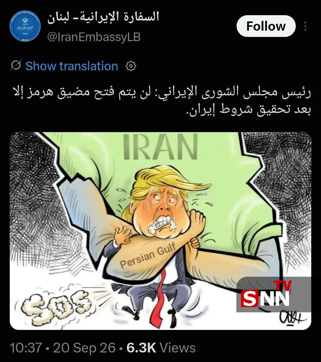 ولش نکنید تا خفه نشده ؛ توئیت تصویری سفارت ایران در لبنان درباره تنگه هرمز