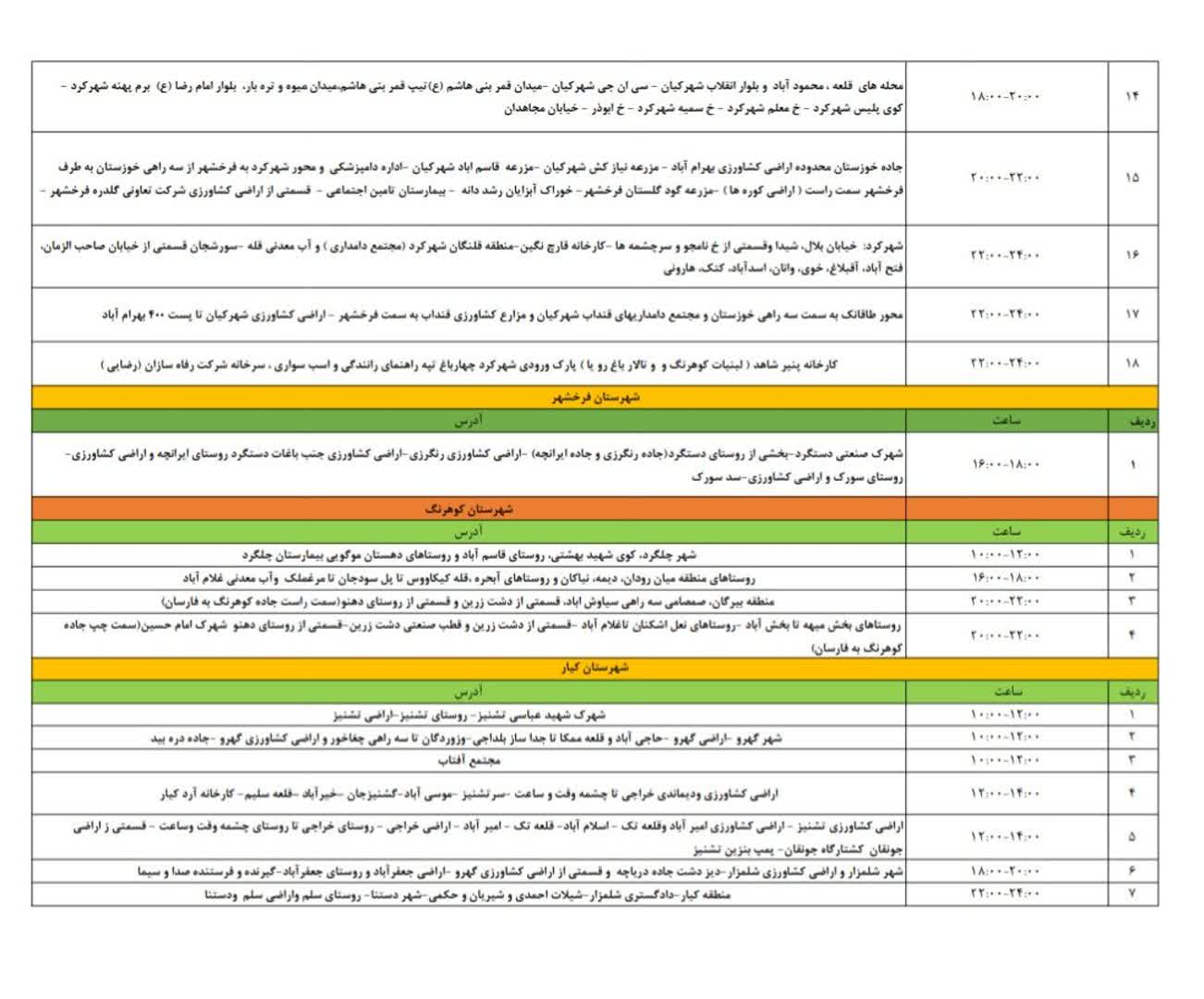 جدول قطعی برق چهارمحال و بختیاری در ۲۵ مرداد منتشر شد جدول قطعی برق چهارمحال و بختیاری در ۲۵ مرداد منتشر شد