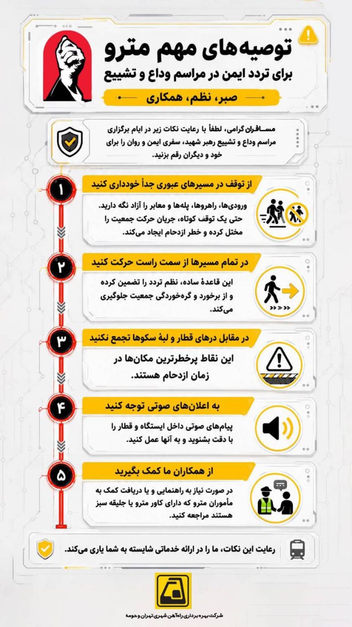 راهنمای سفر ایمن در مترو ویژهٔ مراسم وداع و تشییع آقای شهید ایران