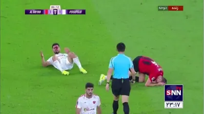 برخورد سنگین عالیشاه و بازیکن الریان که در این برخورد خطرناک صورت کاپیتان پرسپولیس پر از خون شد