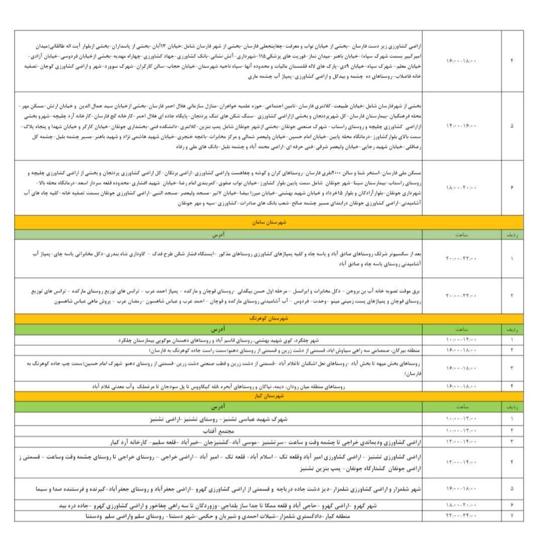 جدول قطعی برق چهارمحال و بختیاری در ۱۱ مرداد