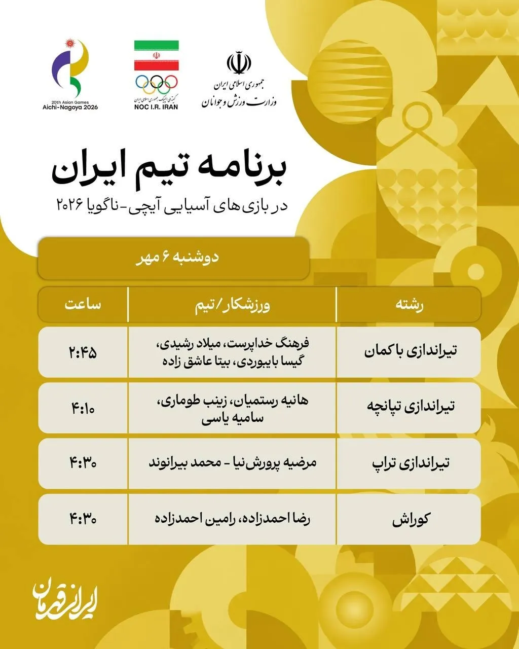 برنامه مسابقات نمایندگان ایران در روز نهم بازیهای آسیایی ناگویا