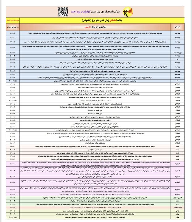 اعلام برنامه خاموشی برق در کهگیلویه و بویراحمد در ۳ مردادماه اعلام برنامه خاموشی برق در کهگیلویه و بویراحمد در ۳ مردادماه
