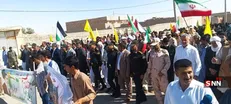 راهپیمایی شیعه و سنی در کنار هم؛ اعلام حمایت از مردم مظلوم فلسطین در شهر مرزی قرقری در نقطه صفر مرزی سیستان و بلوچستان
