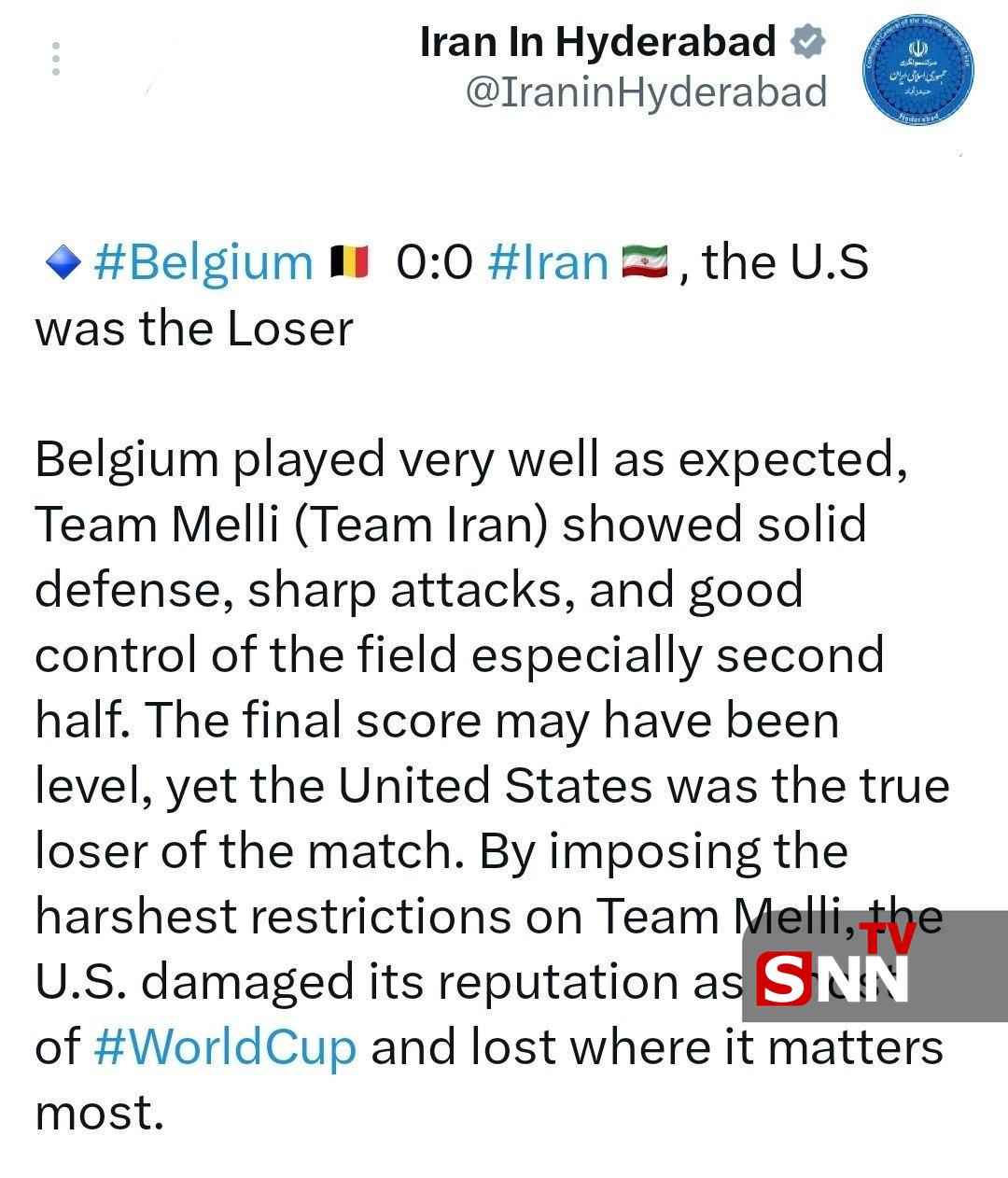کنسولگری ایران در حیدرآباد هند درباره بازی ایران با بلژیک: بلژیک ۰ - ۰ ایران؛ بازنده واقعی، آمریکا بود + عکس کنسولگری ایران در حیدرآباد هند درباره بازی ایران با بلژیک: بلژیک ۰ - ۰ ایران؛ بازنده واقعی، آمریکا بود + عکس