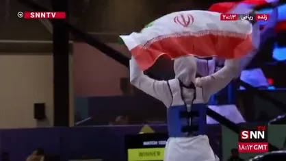 دور افتخار دختر طلایی ایران با پرچم مقدس جمهوری اسلامی ایران