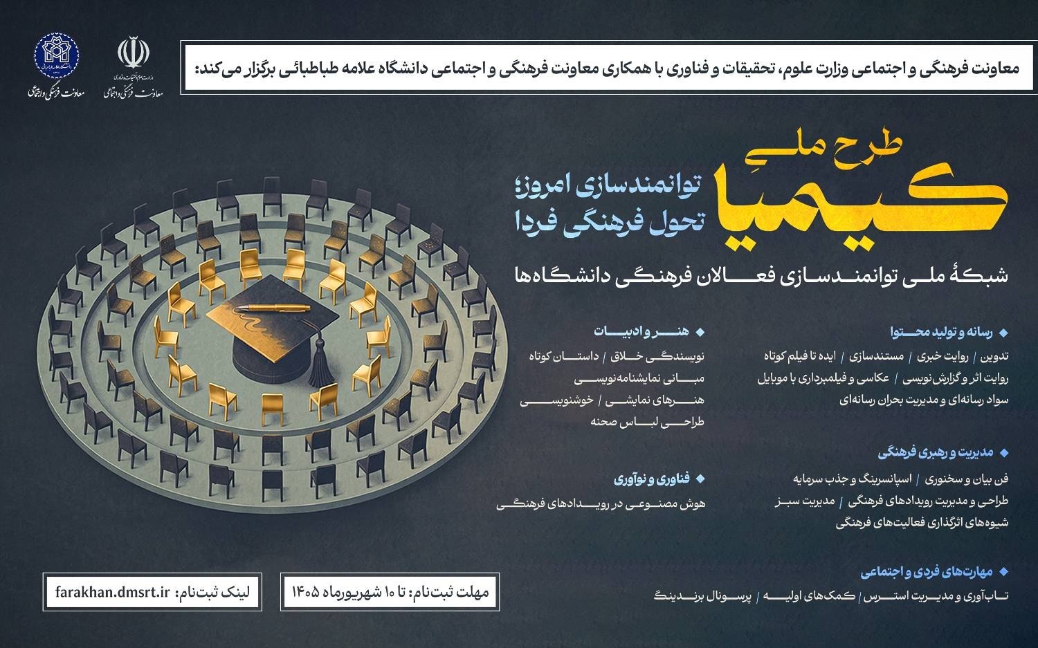 انتشار فراخوان پیشثبتنام طرح ملی «کیمیا»؛ شبکه ملی توانمندسازی فعالان فرهنگی و هنری دانشگاهها انتشار فراخوان پیشثبتنام طرح ملی «کیمیا»؛ شبکه ملی توانمندسازی فعالان فرهنگی و هنری دانشگاهها