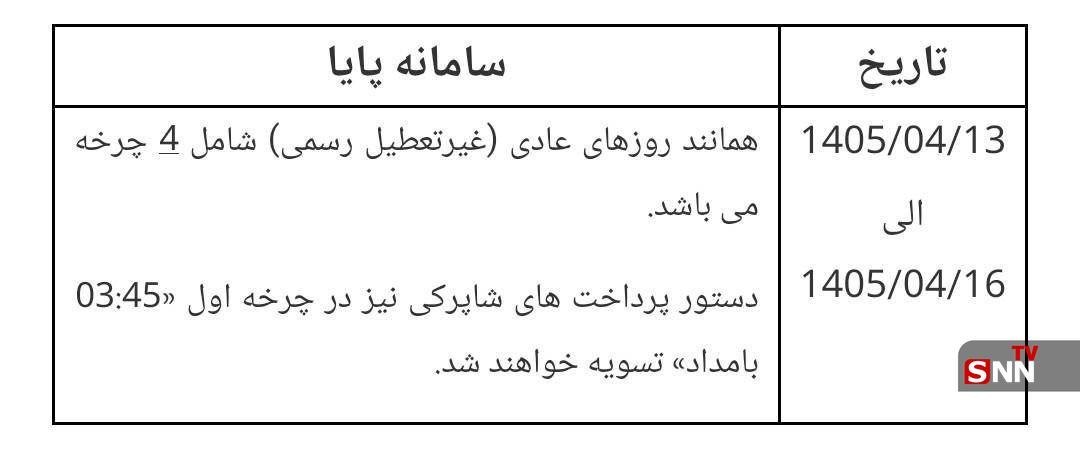 ساعات کاری سامانه پایا در تعطیلات ۴ روزه ساعات کاری سامانه پایا در تعطیلات ۴ روزه