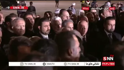 رئیس جمهور ایران و نخست وزیر عراق در مراسم استقبال و ادای احترام به پیکر رهبر شهید در فرودگاه نجف+فیلم