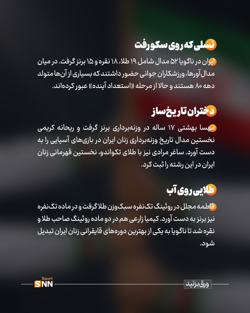نسل تازه ورزش ایران در ناگویا؛ از تاریخسازی دختران تا درخشش ستارههای جوان + عکس نوشت نسل تازه ورزش ایران در ناگویا؛ از تاریخسازی دختران تا درخشش ستارههای جوان + عکس نوشت