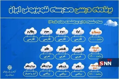 اعلام برنامه درسی امروز سه شنبه هشتم اردیبهشت مدرسه تلویزیونی ایران