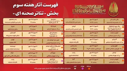 جدول آثار هفته سوم بخش &laquo;تئاتر صحنه&zwnj;ای&raquo; جشنواره بین&zwnj;المللی تئاتر مقاومت منتشر شد