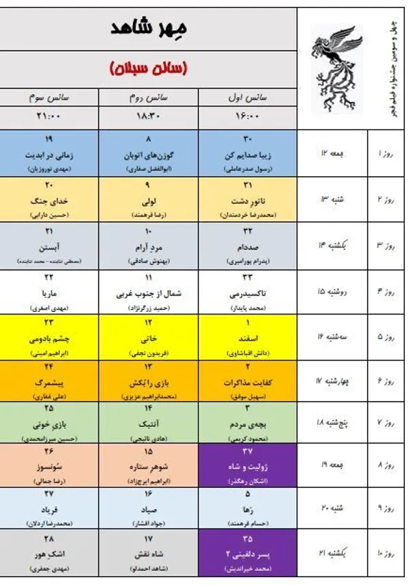 برنامه نمایش سینماهای جشنواره فیلم فجر ۴۳