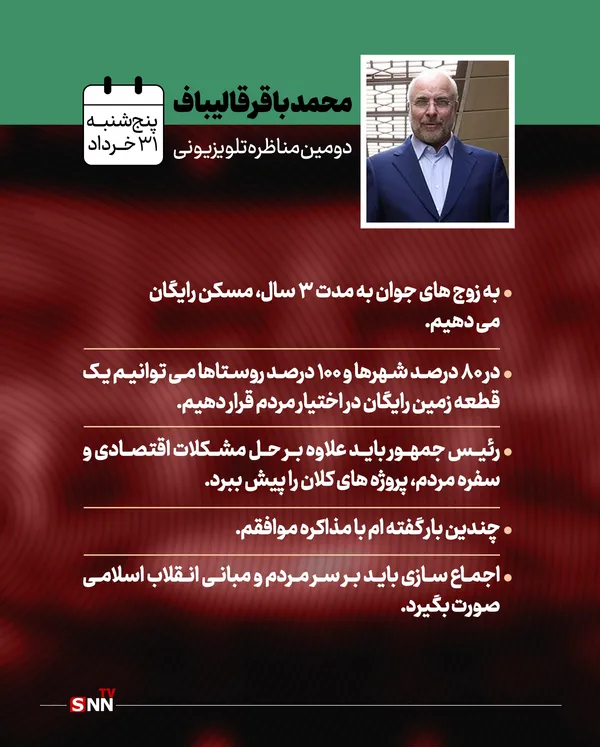 قالیباف:

به زوج‌های جوان به مدت ۳ سال، مسکن رایگان می‌دهیم

در ۸۰ درصد شهر‌ها و ۱۰۰ درصد روستا‌ها می‌توانیم یک قطعه زمین رایگان در اختیار مردم قرار دهیم

چندین بار گفته ام با مذاکره موافقم

اجماع سازی باید بر سر مردم و مبانی انقلاب اسلامی صورت بگیرد